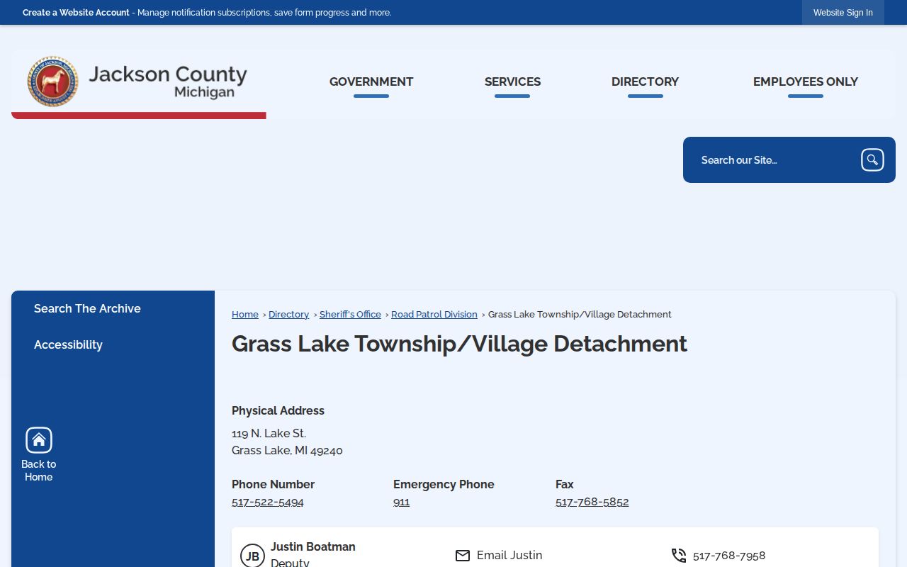 Jackson County Sheriff Grass Lake detachment official directory capture