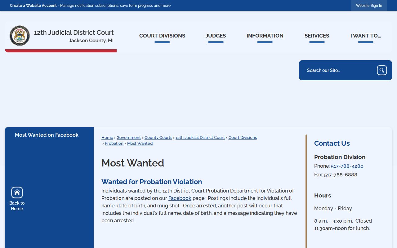Jackson County 12th District Court Probation Most Wanted page